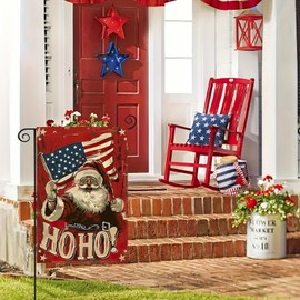 Blissyard Patriotic Christmas Santa Claus Garden Flag 12 x 18 Inch Double Sided America Flag Winter Outdoor Holiday Ho Ho Ho Merry Christmas Banner USA Seasonal Yard Decorative Flag