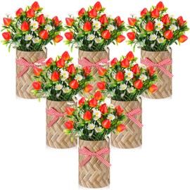 Retrowavy 6 Sets Strawberry Centerpieces for Tables Artificial Strawberry Daisy Plants with Vases Summer Farmhouse Decor for Kitchen Dining Baby Shower Bridal Party