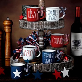 Suttmin 6 Pcs 4th of July Mini Coffee Mugs Patriotic Independence Day Tiered Tray Decor Farmhouse Mini Coffee Cups with Ribbons Centerpieces for Housewarming Gifts (Retro Star)(Retro Star)