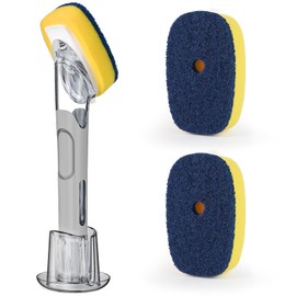 Dish Brush with Soap Dispenser Storage Set with 2 PCS Sponge Refills & Holder, Soap Dispensing Dish Brushes, Sponge with Soap Dispenser Handle, Dish Sponges with Handle for Dishes Pans Pots Sink(Gray)