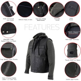 Milwaukee Leather LKM3785 Men's 2 in 1 Classic Black Premium Leather Motorcycle Hoodie Jacket w/Convertible Vest - X-Large