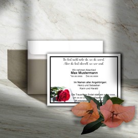 50 x Set of Mourning Single Cards DIN A6 + Mourning Envelopes DIN C6 - Motif Black Mourning Frame with Stem Rose - 10.5 x 14.8 cm - Printable - Condolence Set for Thank You Mourning