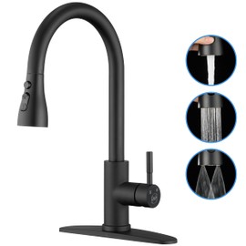 Matte Black Kitchen Faucet with Pull Down Sprayer - High Arc Stainless Steel Kitchen Sink Faucet, 3-Function Pull Out Kitchen Faucet, Single Hole Single Handle Sink Faucet, Modern Kitchen Faucets