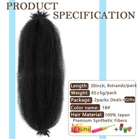 Afro Twist Hair Pre Separated Springy Afro Twist Hair Pre stretched Wrapping Hair for Soft Locs Afro Spring Twist Hair Marley Twist Braiding Hair Extensions (30 Inch (Pack of 2),1B#)