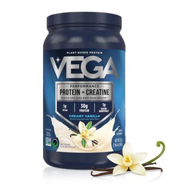 Vega Protein + Creatine con 30 g de Proteína y 5 g BCAA, Vainilla, 962 g | Aporta 3 g de creatina monohidratada por porción; endulzado con azúcar de c
