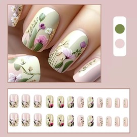Flower Press on Nails Short Square Fake Nails Green False Nails with Floral Design Acrylic Nails Glossy Glue on Nails Full Cover Stick on Nails for Women Spring Manicure 24Pcs
