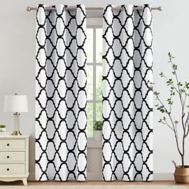 Melodieux Moroccan Printed Room Darkening Blackout Grommet Curtains for Living Room Bedroom, 42 by 84 Inch, Off White/Black (2 Panels)