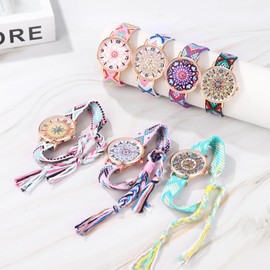 JewelryWe Women's Watch Boho Flowers Watch Bohemian Style Colourful Adjustable Braided Rope Strap Cotton Analogue Quartz Wrist Watch Women's Casual Watch with Round Floral Print Dial, 7pcs set.