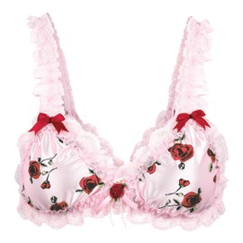 Satini Sissy Frilly Lace Fitted Satin Bralette (Baby Pink - Red Roses, S)