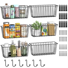 Simple Trending 6 Pack Wire Basket Locking Wall Hanging Baskets, Organize Cabinets and Storage Cabinets with Free Hooks for Kitchen, Laundry Room, Garage, Refrigerator and Bathroom.