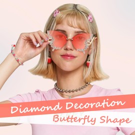 Becellen Frameless Sunglasses Butterfly Diamond Women's Sunglasses Vintage Fashionable Tinted Sunglasses UV Protection Rave Festival Sunglasses, pink