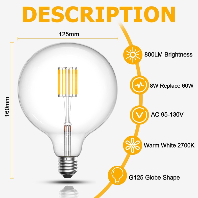 Bonlux 8W G125 LED Globe Light Bulbs, E26 Large Dimmable