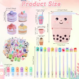 Sabary 228 Pcs Kawaii Stationary Set Include Telescopic Pencil Pouch Case Bag Gel Ink Pen Sticky Note Bubble Tea Sticker Pill Highlighter Stationary Cute School Supplies for Christmas(Vivid)