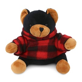 DolliBu Super Soft Black Bear Stuffed Animal with Plaid Red Hoodie Sweater and Personalization - Bear Plush Lumberjack Stuffed Toy with Plaid Jacket Dress Up for Christmas, Holiday, Winter - 6 Inches