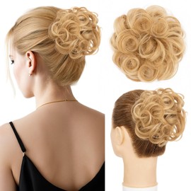 Hairro Messy Bun Hair Piece 100% Real Human Hair, Mixed Ash Brown & Blonde Curly Wavy Scrunchies Updo Hairpiece Fake Bun Hair Piece for Women