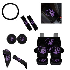 Suhoaziia 12 Pcs Dog Paw Heart Purple Seat Covers Full Set with Car Seat Belt Pads Seatbelt Car Armrest Cover Hand Brake Cover Gear Shift Knob Cover, Automotive Seat Covers & Accessories for Women