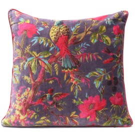 Eyes of India Velvet Floral Flower Bird Throw Pillow Sofa Cushion Cover Case Couch Colorful Boho Chic Bohemian Accent Indian Handmade (Purple, 20" x 20")