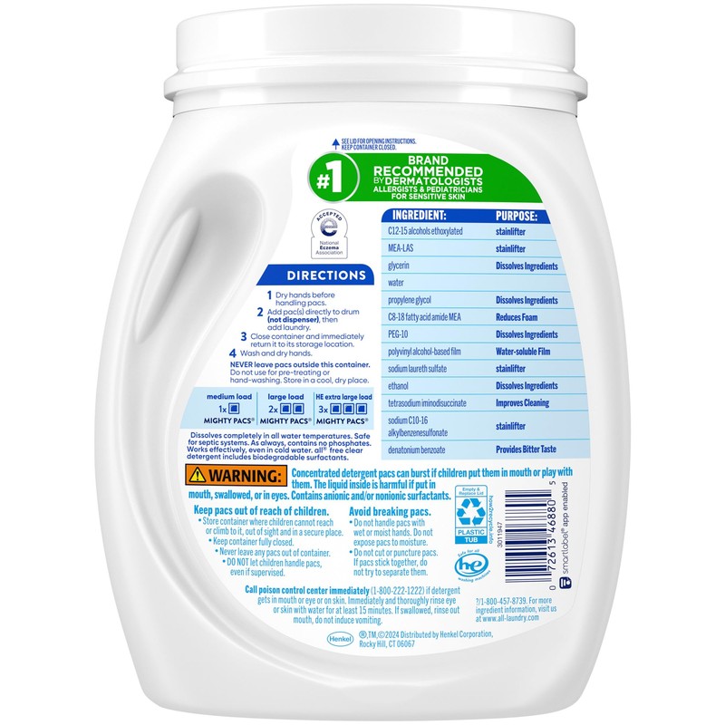 All Mighty Pacs Laundry Detergent, Free Clear for Sensitive Skin,