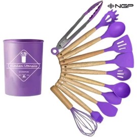 Kitchen 12-Pcs Kitchen Silicone Utensils Set with Heat Resist Wooden Handle purple