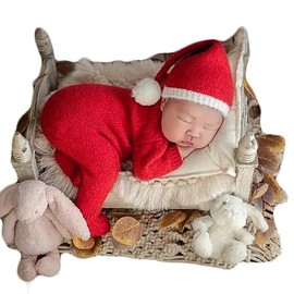 Vemonllas Newborn Photography Christmas Outfit Newborn Baby Photoshoot Props Santa Elf Boy Girl X-mas Photo Posing Set (Red 3#)