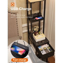 addlon Floor lamp with 2 USB, 1 Outlet and Drawer, 3 Color Temperatures LED Bulb (9W), Sofa lamp with White lampshade, Display Floor lamp with Shelves for Living Room, Bedroom and Office - Black