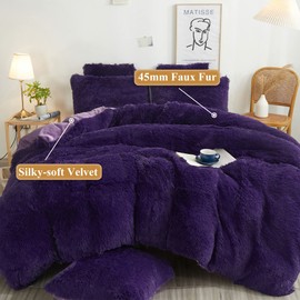 XeGe Cozy Plush Shaggy Duvet Cover, 1PC Faux Fur Fuzzy Comforter Cover, Luxury Soft Fluffy Furry Quilt Cover, Solid Color Bedding for Girls Women Bedroom, Zipper Closure (King Size, Purple)
