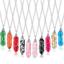 10 Pieces Hexagonal Crystal Pendant Necklace, Natural Quartz Stone Pendant Necklace, Healing Crystal Full Wire Wrap Gemstone Necklace for Women Girls - Color: Quartz, Style: Elegant