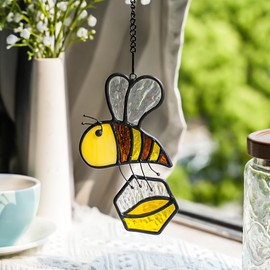 BOXCASA Honey Bee Decor Stained Glass Suncatcher,Bumble Bee Stained Glass Window Hanging,Birthday Bees Gifts for Bees Lover Women Mom Kids,Honeypot Decorations for Home
