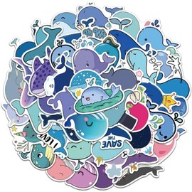 50PCS Cute Whale Stickers, Kawaii Sea Creature Stickers for Boys Girls Teens Adults, Vinyl Waterproof Ocean Animal Decals for Skateboards Computers Cups Guitars Phones