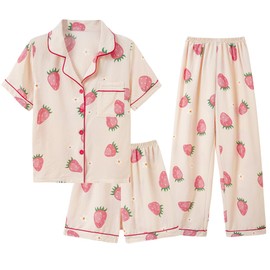 Hupohoi Big Girls Button Down Pajama Set 3pcs Short Sleeve Long Pants with Shorts Crepe Wrinkled Fabric Sleepwear Cute Patterns Nighty, Pink Strawberry, 16