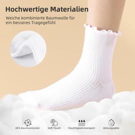 PRAOAHEI Women's Ruffle Socks, 6 Pairs, Crew/Medium High, Premium Cotton, Knitted, Soft, Breathable, Gift, (Mid) White
