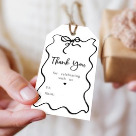 Whaline 100Pcs Black Bow Thank You Paper Gift Tags Cute Bow Knot Hanging Blank Labels with Hemp Rope for Coquette Birthday Party DIY Crafts Supplies