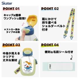 Skater PDSH6DX-A Water Bottle with Straw, 18.9 fl oz (530 ml), Dinosaurus Picture Straw Water Bottle, One Push for Kids and Girls