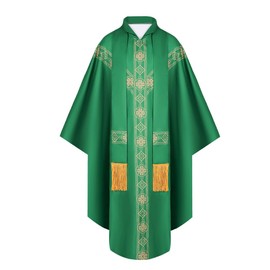 CIYASHEH Unsex Catholic Priest Chasuble Church Mass Vestment Robe Round Collar Robe with Pastor Stole, Green, One Size