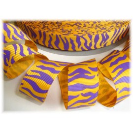 7/8 PURPLE YG GOLD ZEBRA STRIPE GROSGRAIN RIBBON 4 CHEER HAIRBOW BOW
