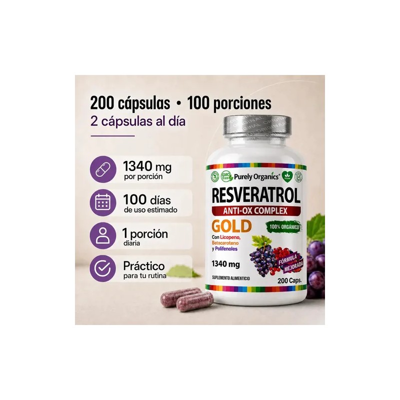 Resveratrol Gold 200 Cápsulas Suplemento Antioxidante Transresveratrol Complejo Antioxidantes Polifenoles