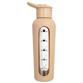 haelo 24oz Glass Motivational Water Bottle with Flip Lid Straw, Silicone Protective Sleeve, Handle, Reusable BPA Free (Amber)
