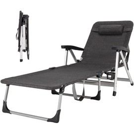 Moccha Folding Chaise Lounge,7 Adjustable Position Beach Chair w/Cup Holder & Detachable Pillow, Portable Lounge Chair for Poolside, Camping, Balcony, Deck, Lawn (1, Grey)