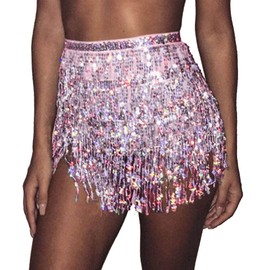 Prosy Women's Sequin Belly Dance Skirt Hip Belt Tassel Female Scarf Wrap Rave Music Festival Costume (Pink)