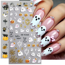 Halloween 5D Embossed Nail Stickers for Nail Art, Ghost Pumpkin Black Cat Spider Web Star Moon Spider Design Halloween Nail Decals for Women Girls Manicure Tips Decorations, 2Sheets
