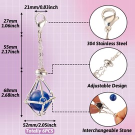 Cheriswelry 6pcs Macrame Pouch Empty Stone Holder Pendant Metal Dangle Charms Brass Keychain Pendants Crystal Cage Holder with 304 Stainless Steel Clasps 55mm for DIY Craft Jewelry Making