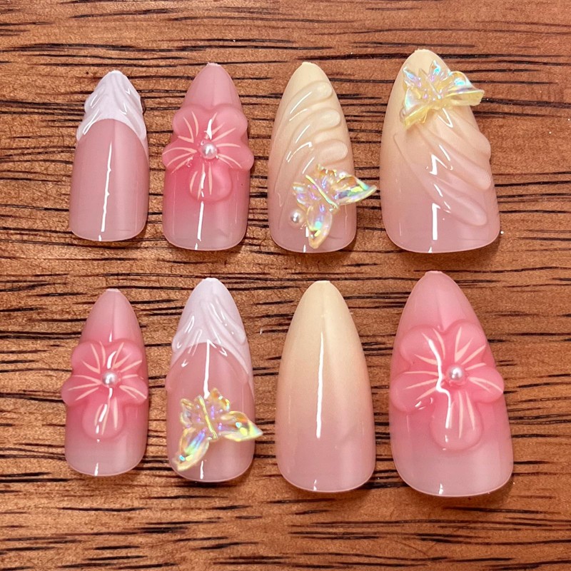 FNKFNK Butterfly Flower Press on Nails Medium Almond Fake Nails
