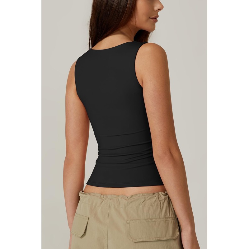QINSEN Women's Square Neck Sleeveless Double-Layer Tank Tops Basic Tight