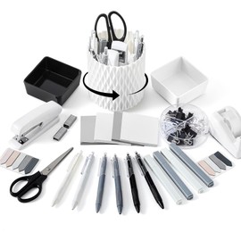 Kosiz Black and White Desk Accessories Aesthetic Desk Organizer White Office Supplies Pen Holder Sticky Notes Stapler Binder/paper Clips Scissor Staples Aesthetic Accessories for Women Men(Classics)