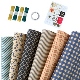 6 Sheets Gift Wrapping Paper, 70x50cm Gift Wrapping Papers Roll with 1 Sheets Gifts Stickers 1 Double-side Tape and 4 Ribbons for Decoration for Birthday, Party, Wedding and DIY Craft