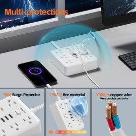 MCSCN Portable Ultra Thin Flat Plug Surge Overload Protector Power Strip 15ft Extension Cord with 6 AC Power Outlets 4 USB (1C) for Home Office Dorm Travel Essentials Fire and Reach 15A 1875W UL