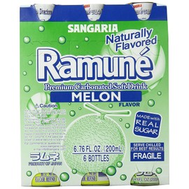 Ramune Japanese Marble Soda Melon Flavor, 6 Glass Bottles, 6.76 Fl Oz Each
