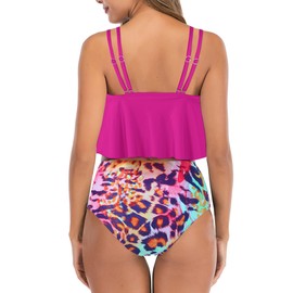 Adisputent Womens High Waisted Swimsuits Flounce Swimwear Racerback Tankini Tummy Control Bikini Bottoms Vintage Two Piece Modest Bathing Suits Purple Leopard L