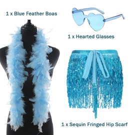 Sequin Skirt - Blue Sequin Skirt for Women Fringe Skirt Belly Dance Rave Disco Sparkle Skirt, with Sunglasses + Boa(Blue)