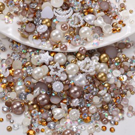 50g Brown Color Flatback Rhinestones Pearls for Bedazzling, 3-8mm Flatback Rhinestone Gems, 2-10mm Pearls Beads, 100Pcs Moon Star Heart Bowknots Pearl Nail Charms for Crafts DIY Clothes Tumblers